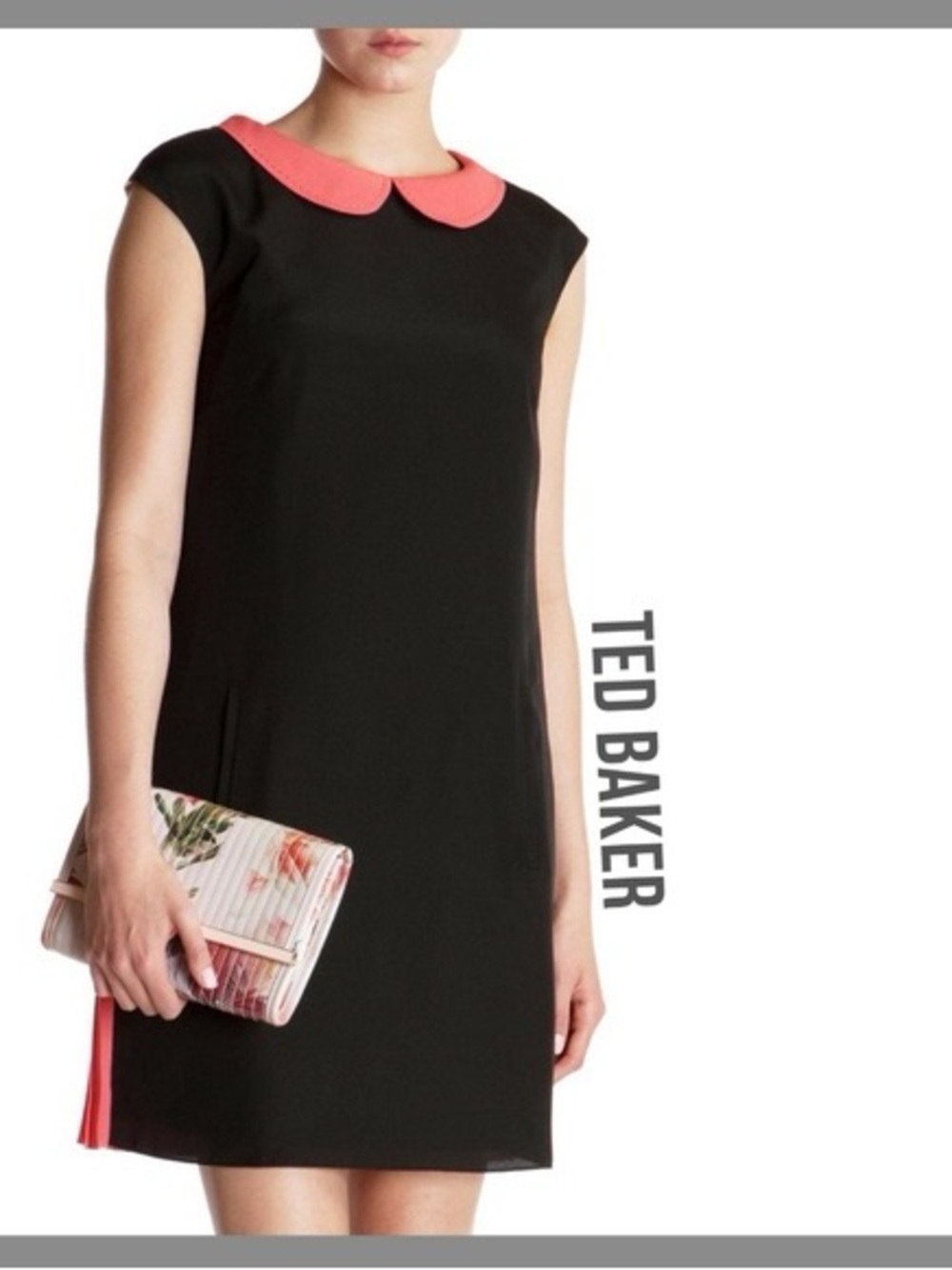 Ted Baker London Black Mini Dress with Pink Collar & Hem